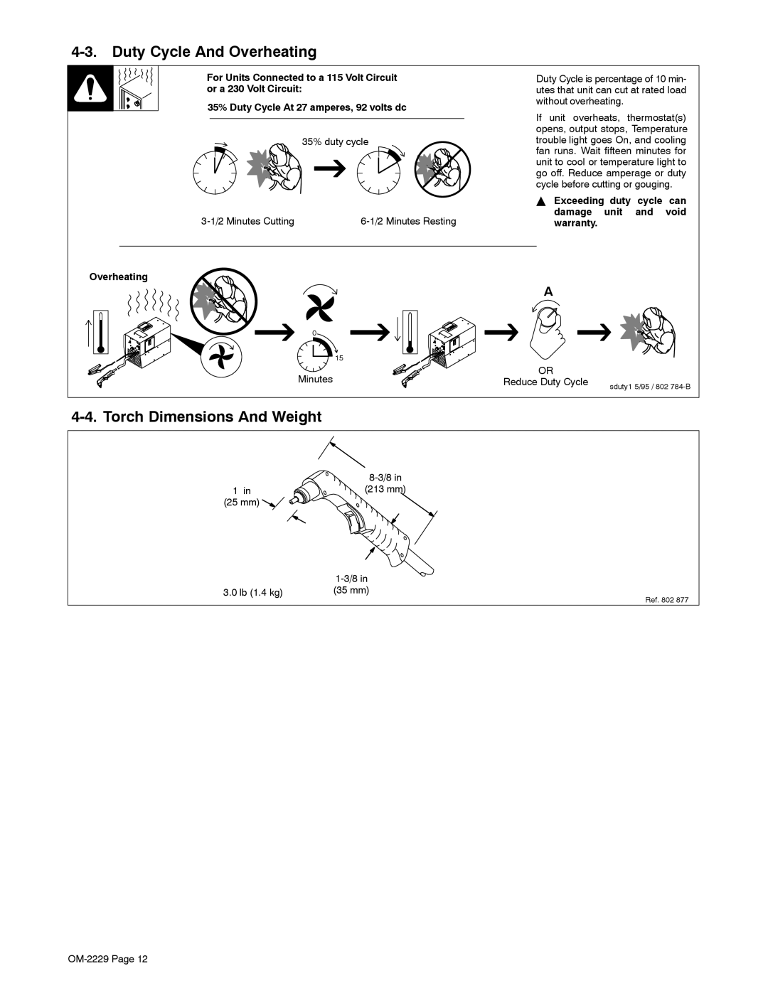 Miller Electric 375, ICE-27C manual Duty Cycle And Overheating, Torch Dimensions And Weight 