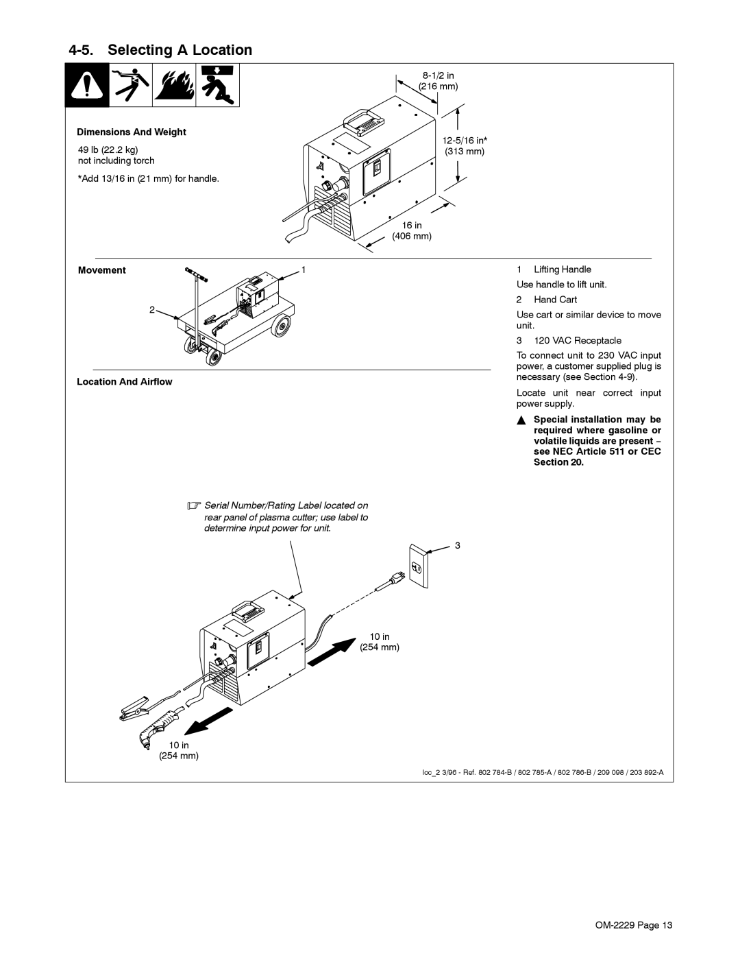 Miller Electric ICE-27C, 375 manual Selecting a Location 