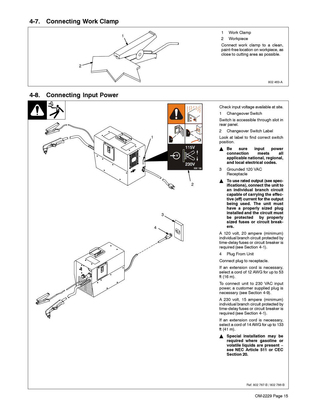 Miller Electric ICE-27C, 375 manual Connecting Work Clamp, Connecting Input Power 