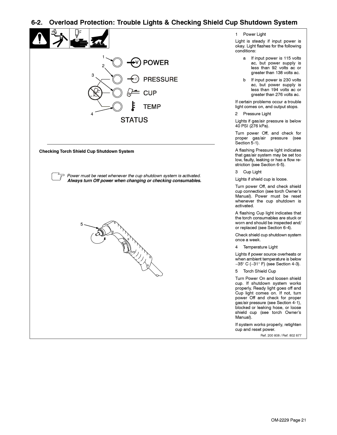 Miller Electric ICE-27C, 375 manual Checking Torch Shield Cup Shutdown System 