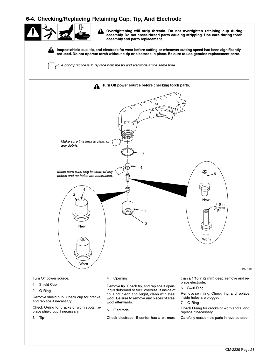 Miller Electric ICE-27C, 375 manual Checking/Replacing Retaining Cup, Tip, And Electrode 