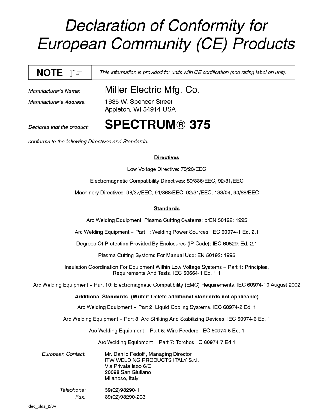 Miller Electric 375, ICE-27C manual Directives, Standards 