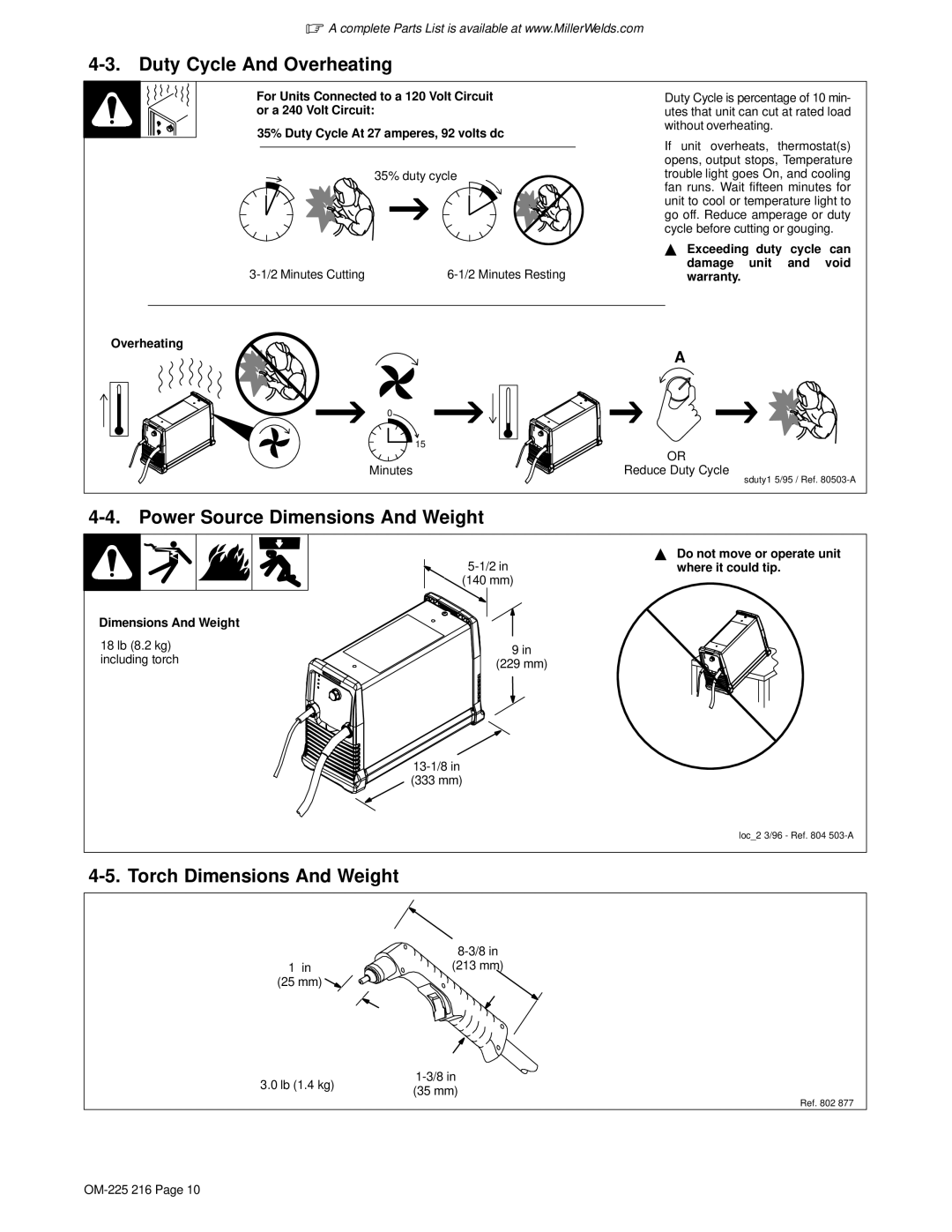 Miller Electric 375 X-TREME Duty Cycle And Overheating, Power Source Dimensions And Weight, Torch Dimensions And Weight 