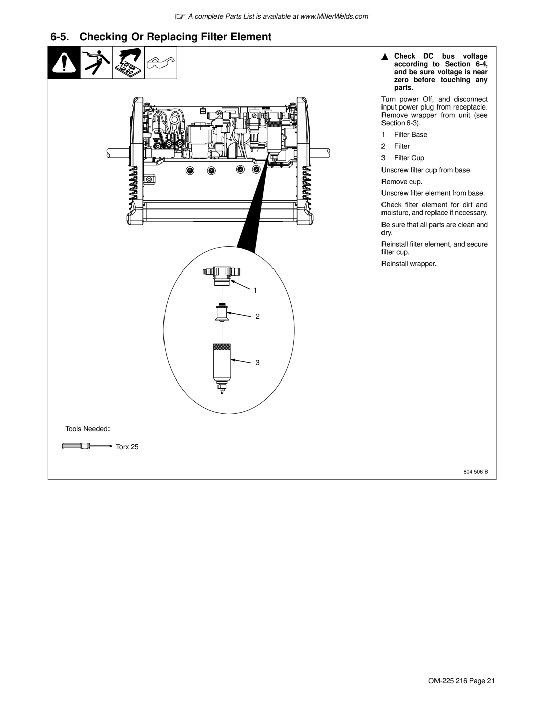 Miller Electric ICE-27T, 375 X-TREME manual Checking Or Replacing Filter Element 