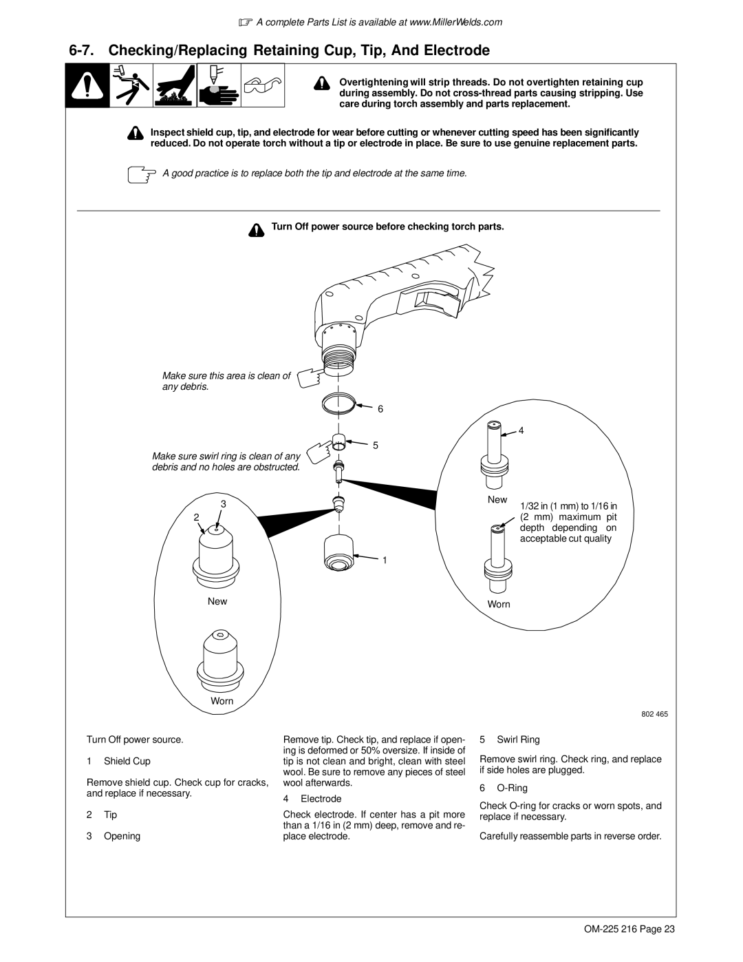 Miller Electric ICE-27T, 375 X-TREME manual Checking/Replacing Retaining Cup, Tip, And Electrode 