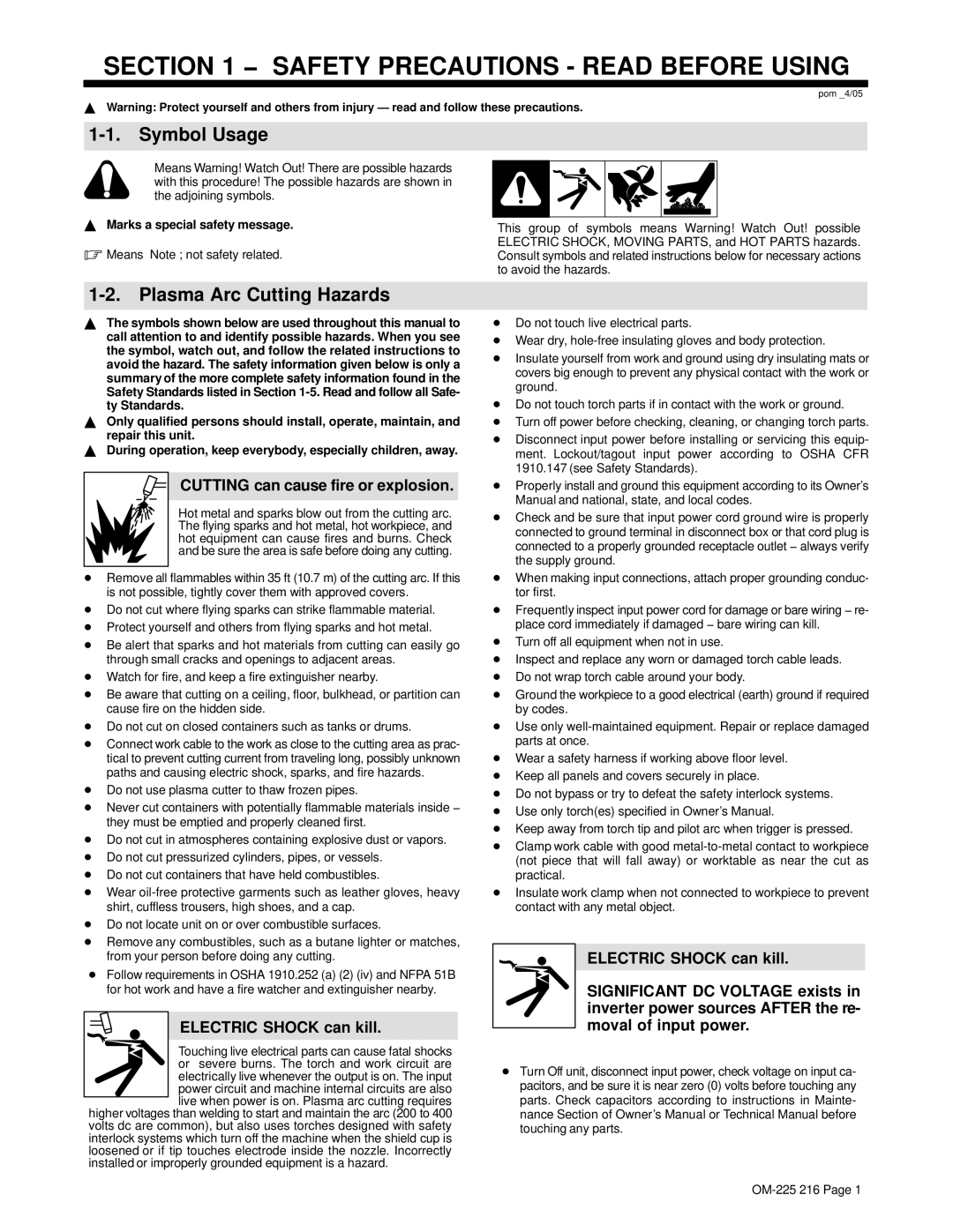 Miller Electric ICE-27T, 375 X-TREME manual Symbol Usage, Plasma Arc Cutting Hazards, Cutting can cause fire or explosion 