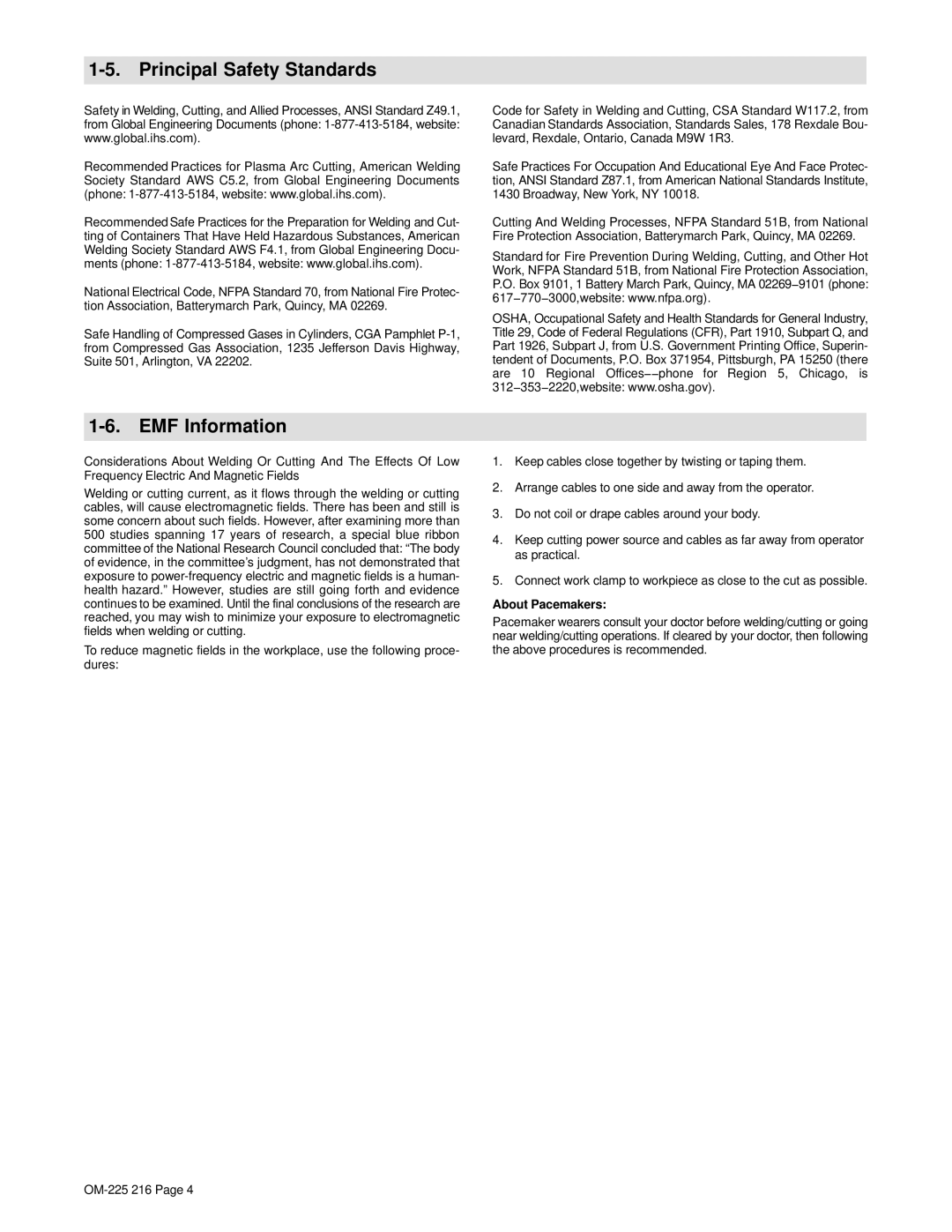 Miller Electric 375 X-TREME, ICE-27T manual Principal Safety Standards, EMF Information, About Pacemakers 