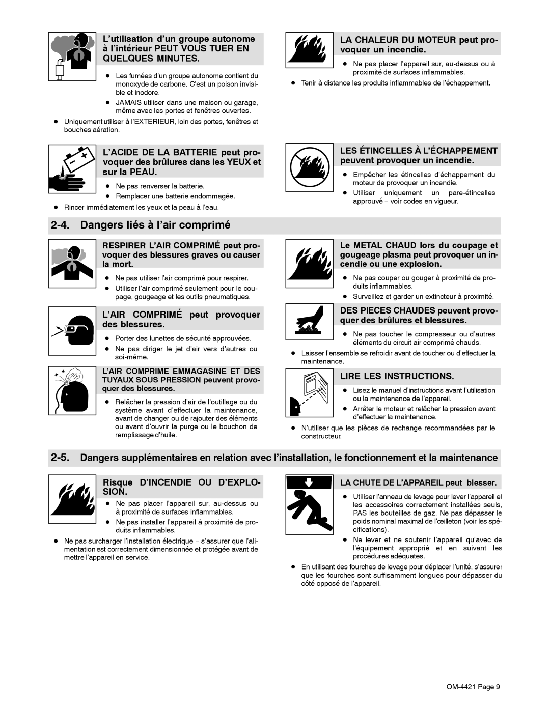 Miller Electric 400P, 500 X LA Chaleur DU Moteur peut pro- voquer un incendie, ’AIR Comprimé peut provoquer des blessures 