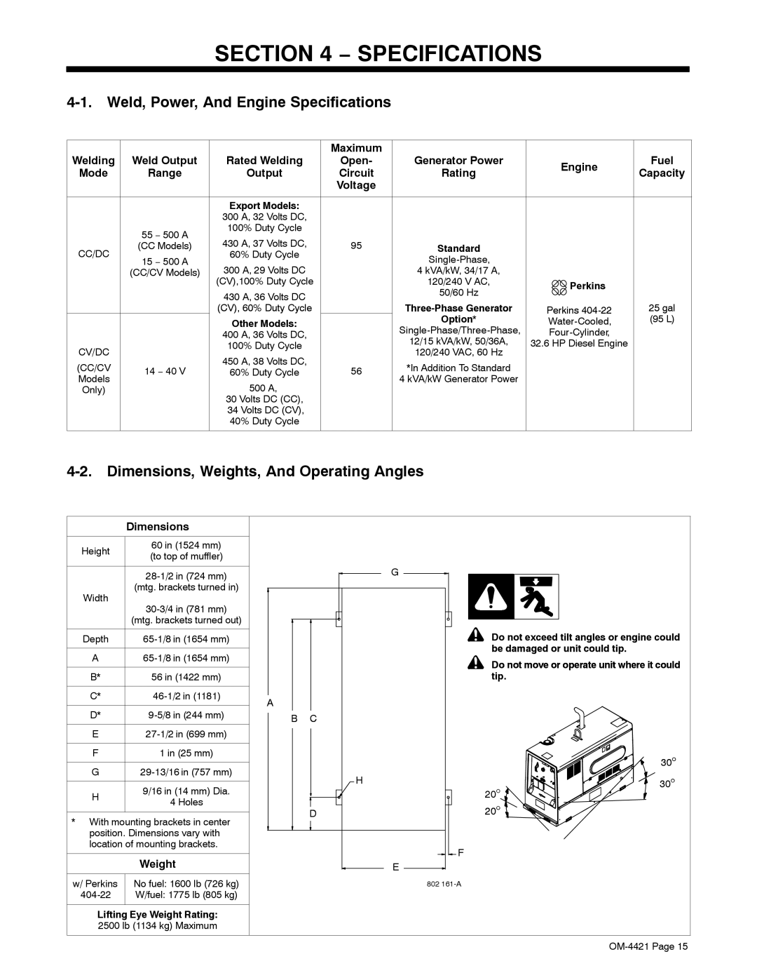 Miller Electric 400P, 500 X manual Weld, Power, And Engine Specifications, Dimensions, Weights, And Operating Angles 