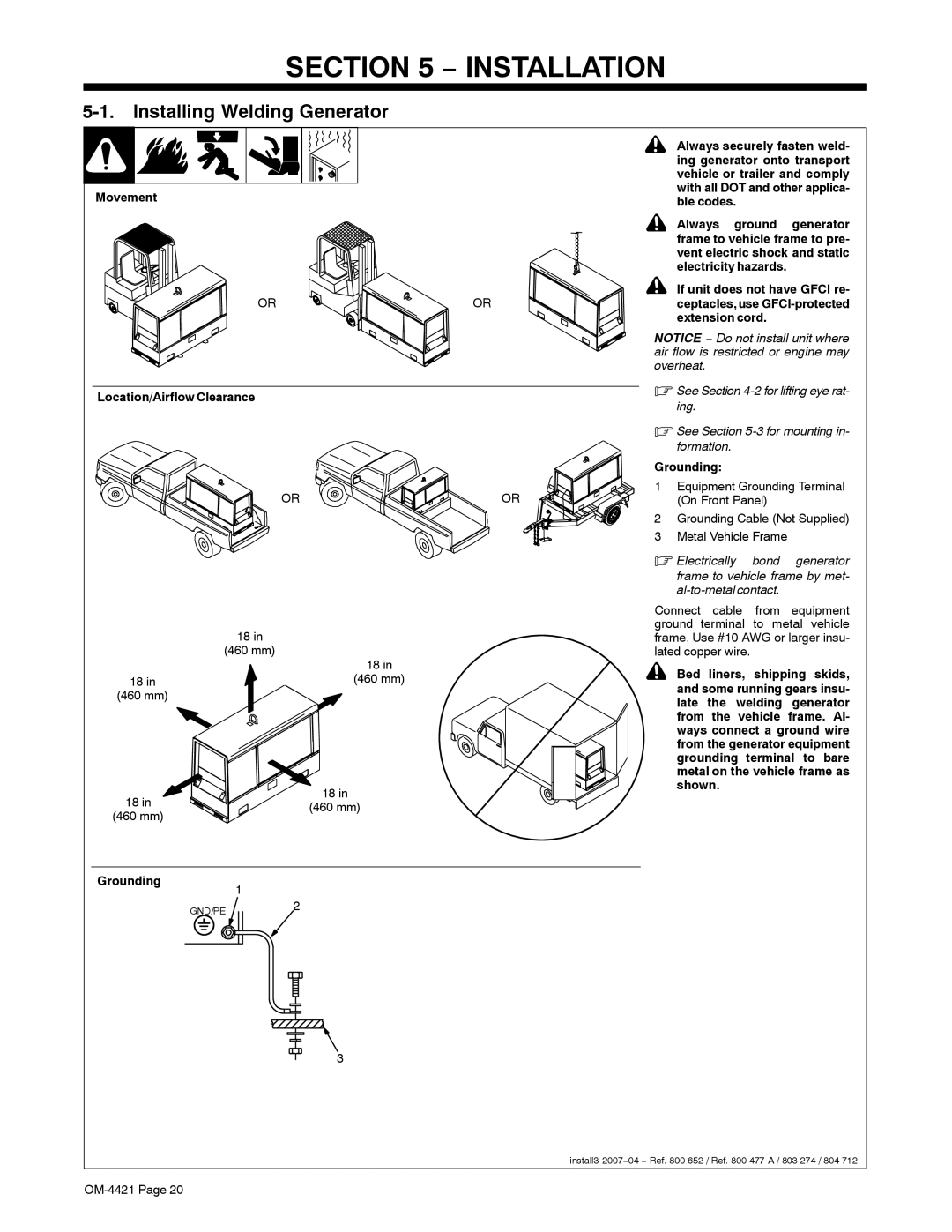 Miller Electric 400P, 500 X manual Installation, Installing Welding Generator, Location/Airflow Clearance, Grounding1 