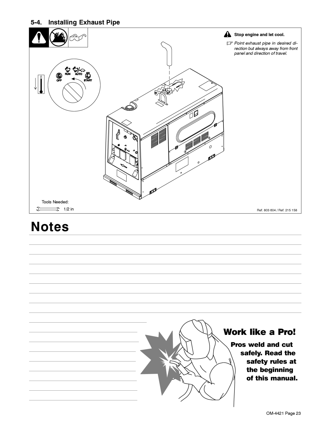 Miller Electric 400P, 500 X manual Installing Exhaust Pipe, Stop engine and let cool 