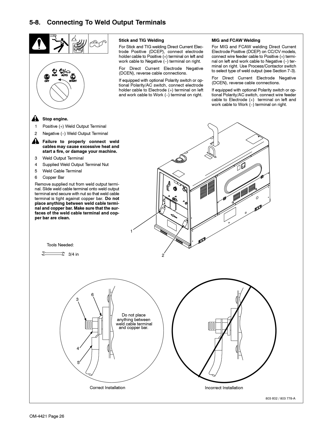 Miller Electric 400P, 500 X Connecting To Weld Output Terminals, Stick and TIG Welding, MIG and Fcaw Welding, Stop engine 