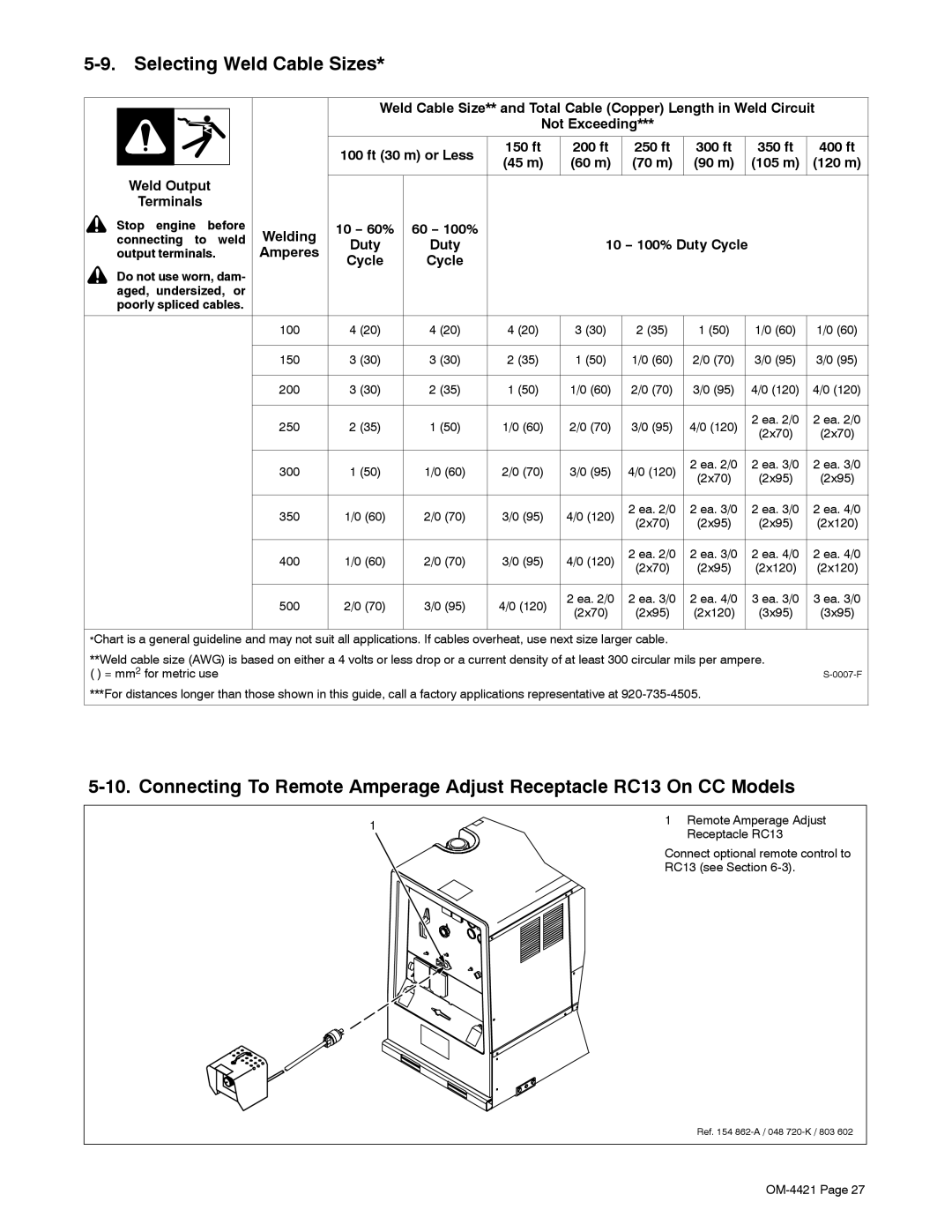 Miller Electric 400P, 500 X manual Selecting Weld Cable Sizes, 150 ft 200 ft 250 ft, Connecting to Weld, Output terminals 