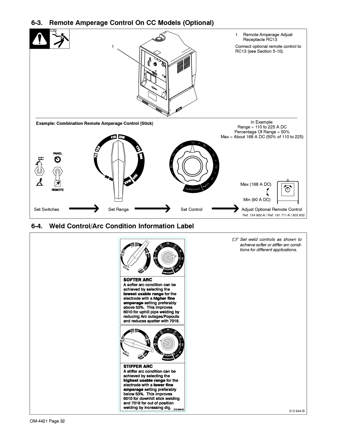 Miller Electric 400P, 500 X Remote Amperage Control On CC Models Optional, Weld Control/Arc Condition Information Label 