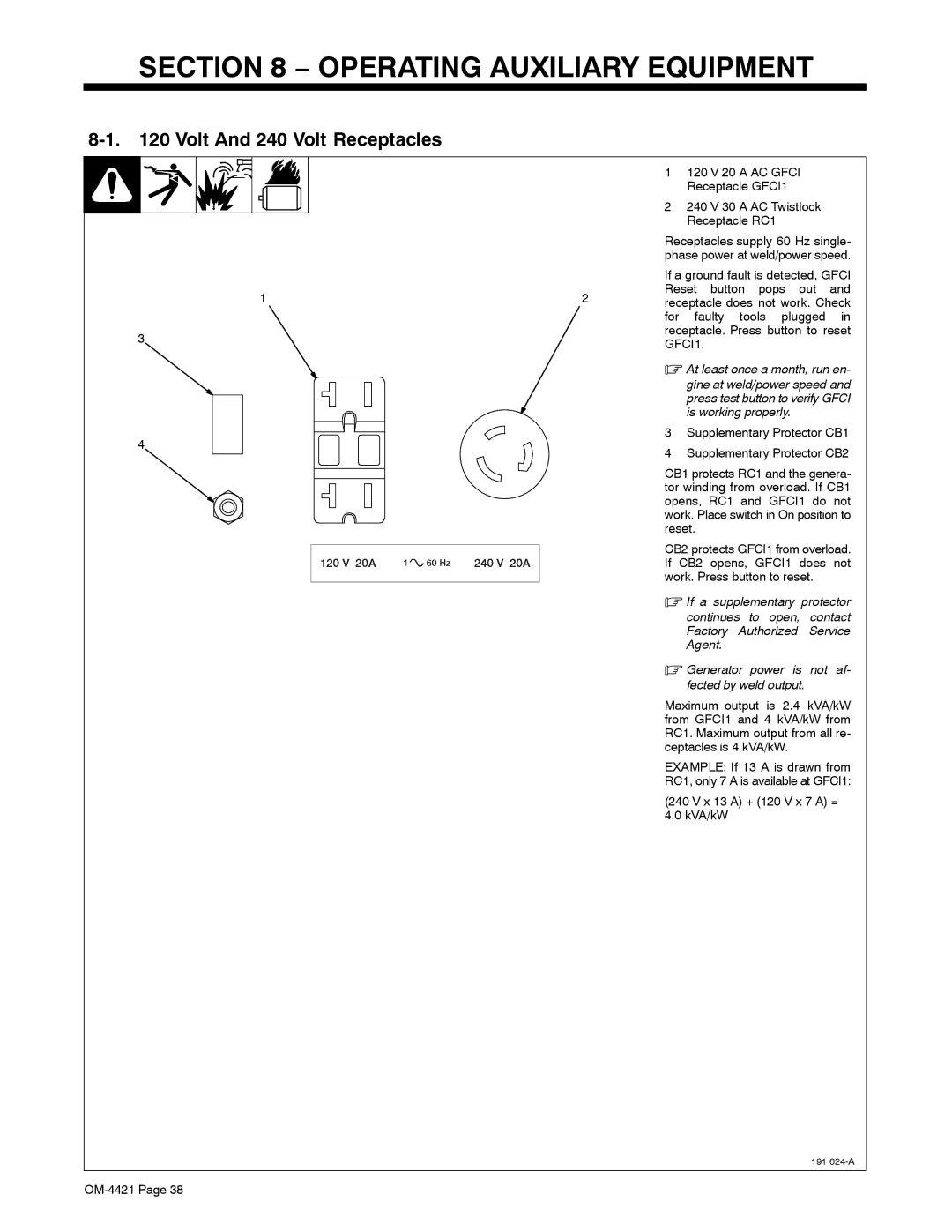 Miller Electric 400P, 500 X Operating Auxiliary Equipment, Volt And 240 Volt Receptacles, At least once a month, run en 