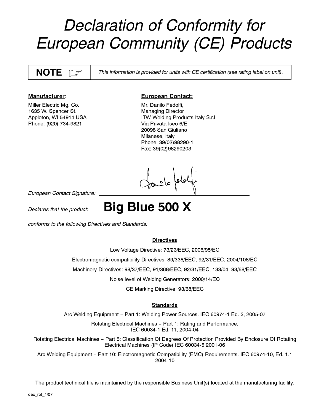 Miller Electric 400P, 500 X manual Directives, Standards, Decrot1/07 