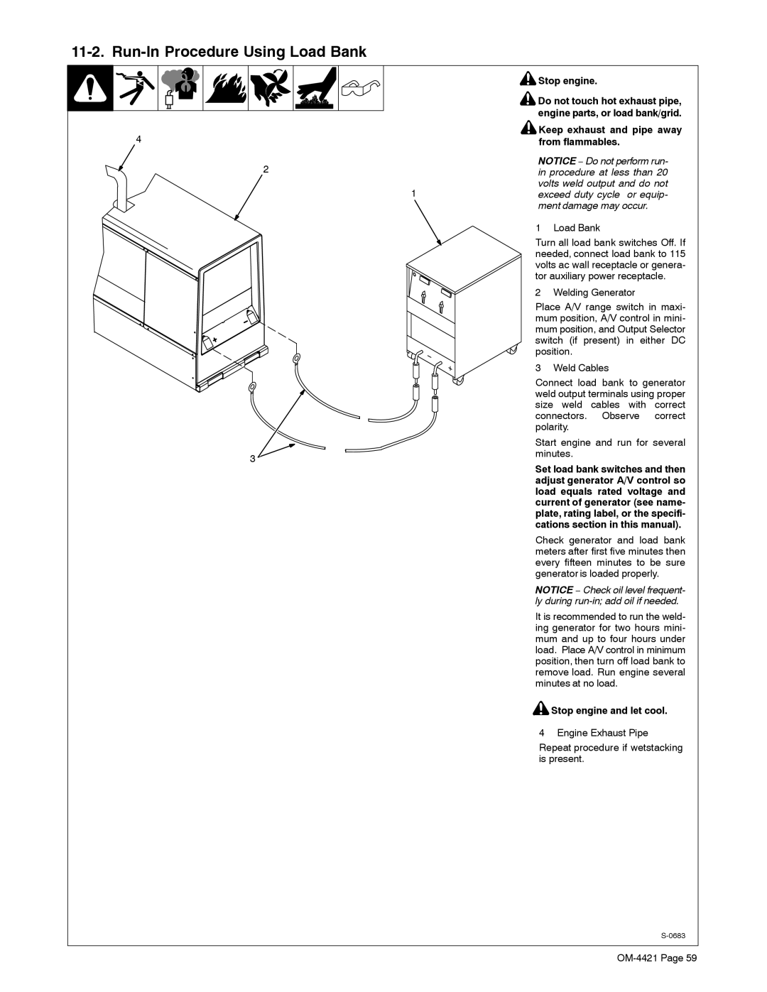 Miller Electric 400P, 500 X manual Run-In Procedure Using Load Bank, Keep exhaust and pipe away, From flammables 