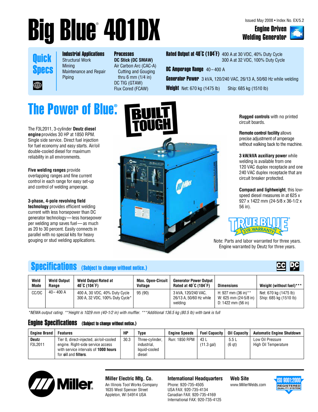 Miller Electric 401DX specifications Industrial Applications Processes, DC Amperage Range 40 400 a, Web Site 