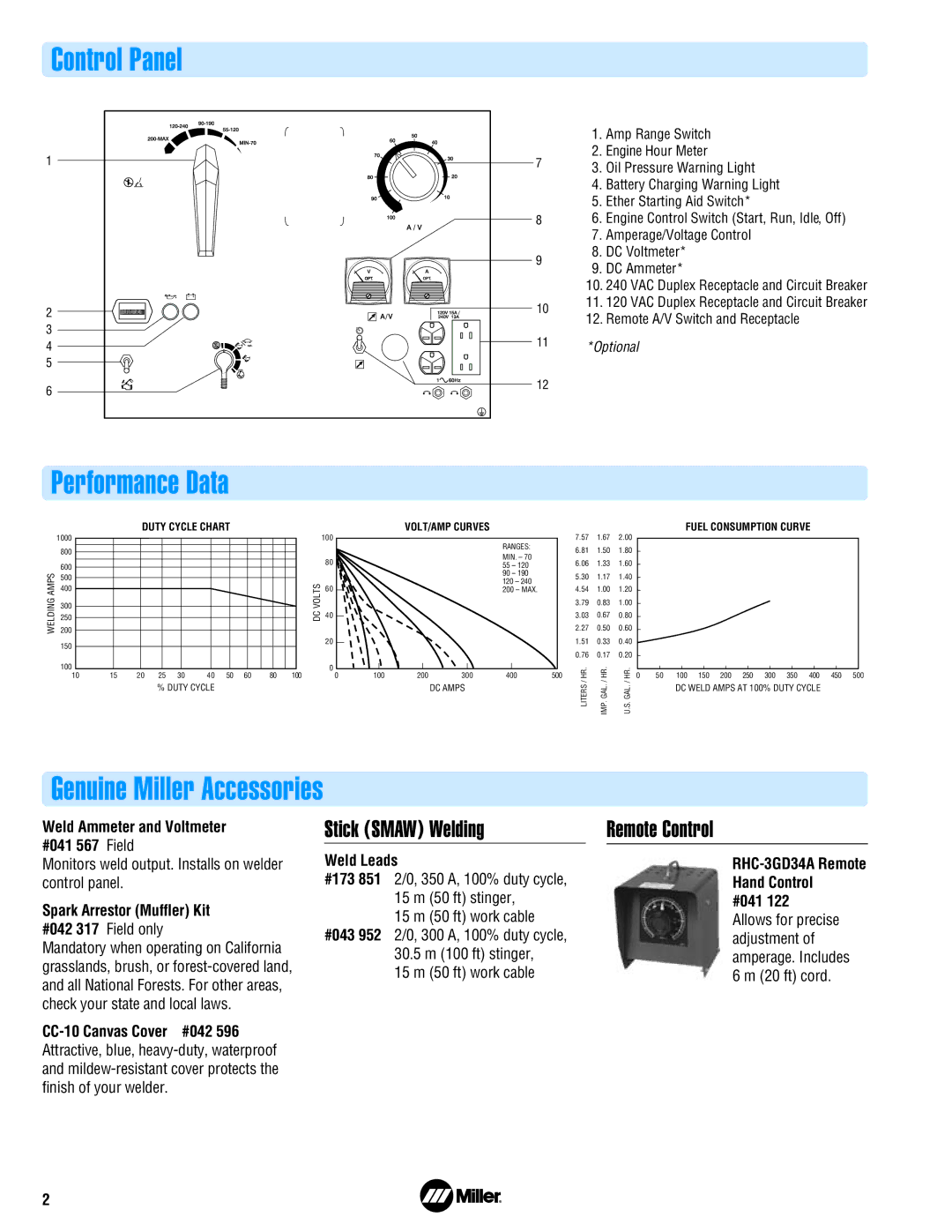 Miller Electric 401DX Control Panel, Performance Data, Genuine Miller Accessories, Stick Smaw Welding Remote Control 