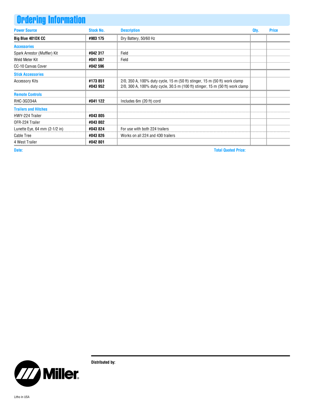 Miller Electric 401DX specifications Ordering Information, Stick Accessories 