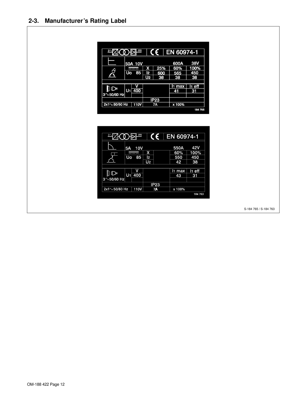 Miller Electric 456 CC, 456 CV manual Manufacturer’s Rating Label 