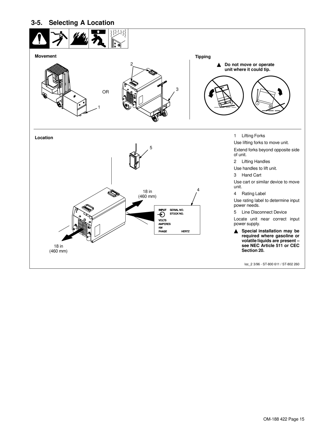 Miller Electric 456 CV, 456 CC manual Selecting a Location, Movement Tipping 