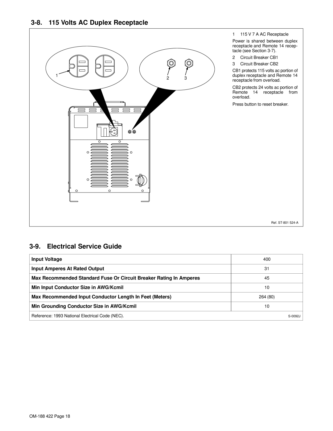 Miller Electric 456 CC, 456 CV manual Volts AC Duplex Receptacle, Electrical Service Guide 