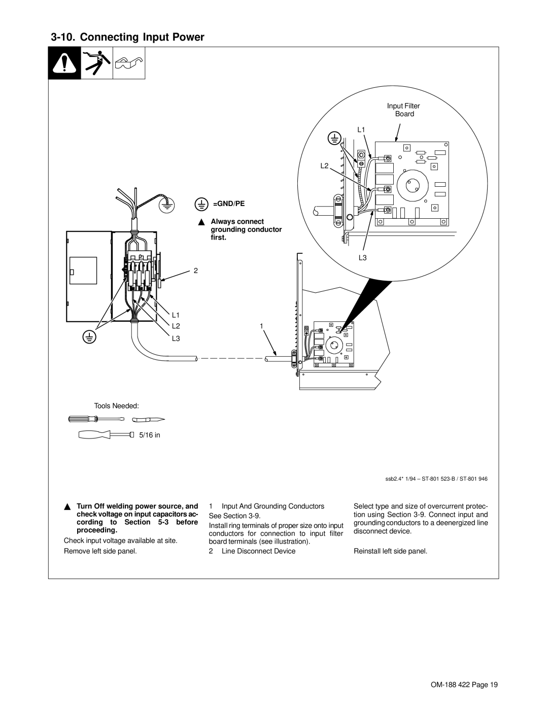 Miller Electric 456 CV, 456 CC manual Connecting Input Power, Always connect grounding conductor first 