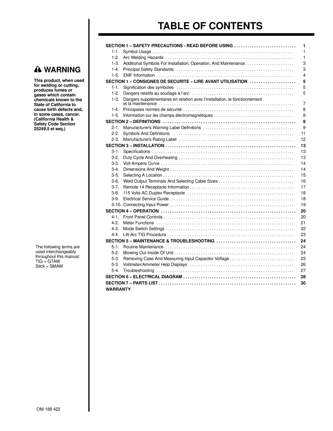 Miller Electric 456 CV, 456 CC manual Table of Contents 