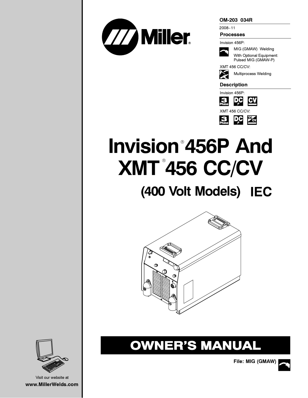 Miller Electric 456 CC manual OM-203 034R, Processes, Description, File MIG Gmaw 