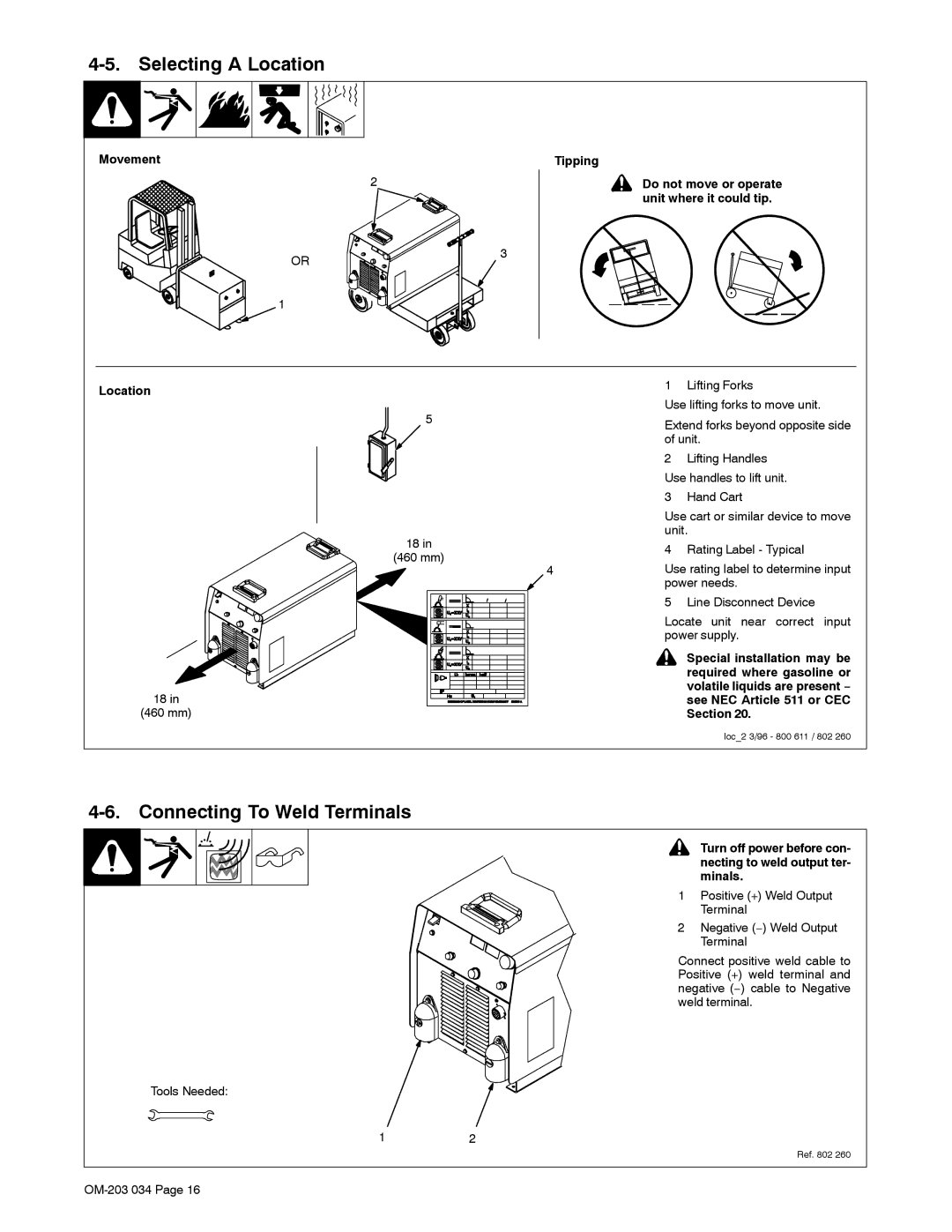 Miller Electric 456 CC manual Selecting a Location, Connecting To Weld Terminals, Movement Tipping 