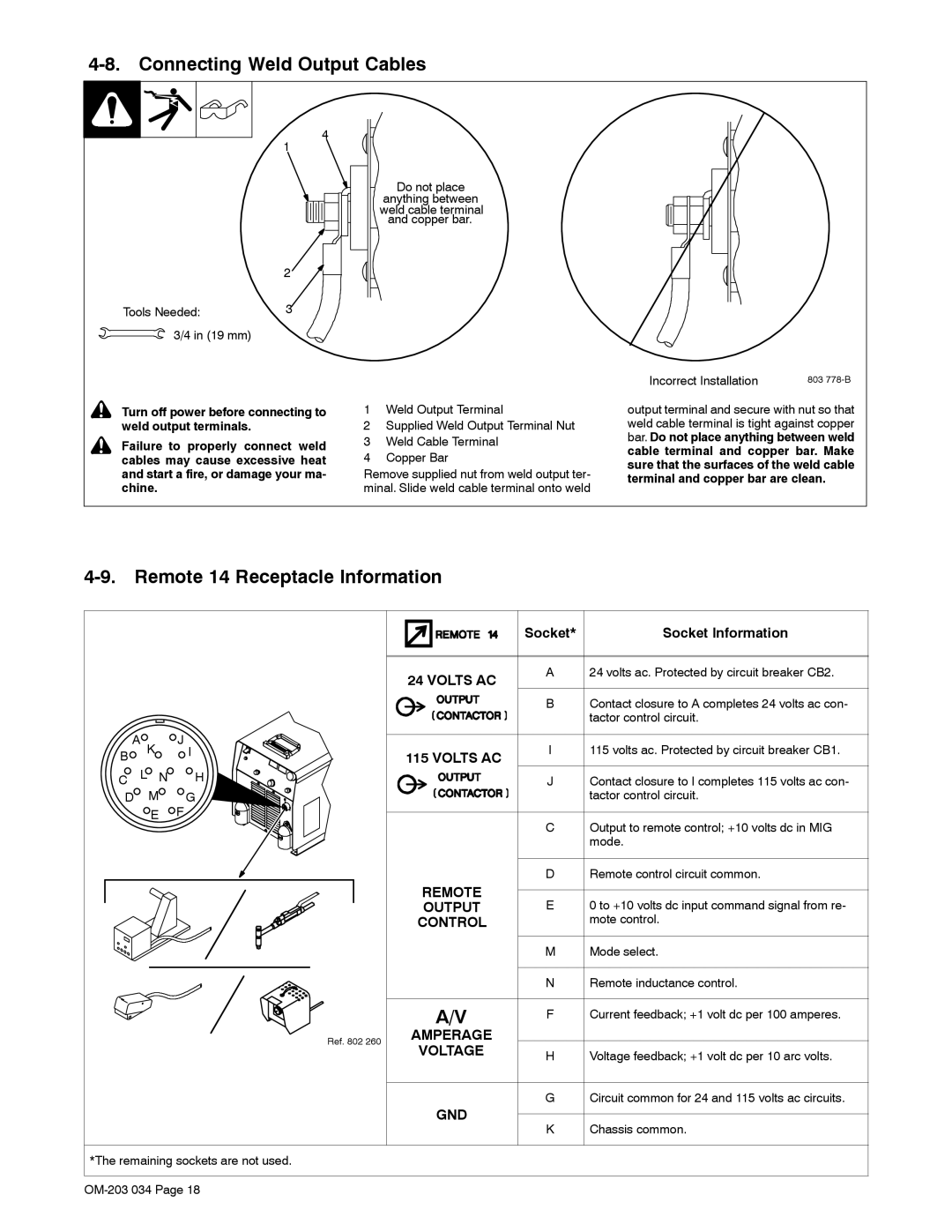 Miller Electric 456 CC manual Connecting Weld Output Cables, Remote 14 Receptacle Information 