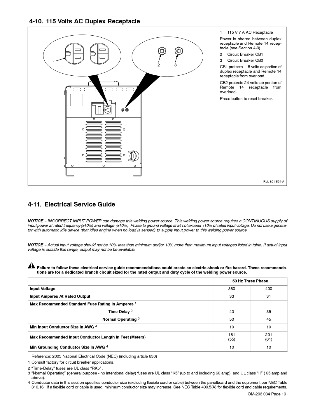 Miller Electric 456 CC manual Volts AC Duplex Receptacle, Electrical Service Guide, Hz Three Phase, Input Voltage 