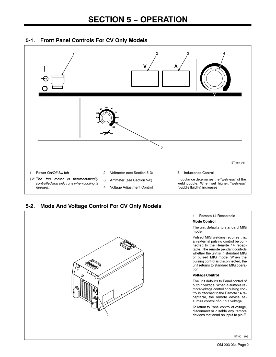 Miller Electric 456 CC Front Panel Controls For CV Only Models, Mode And Voltage Control For CV Only Models, Mode Control 