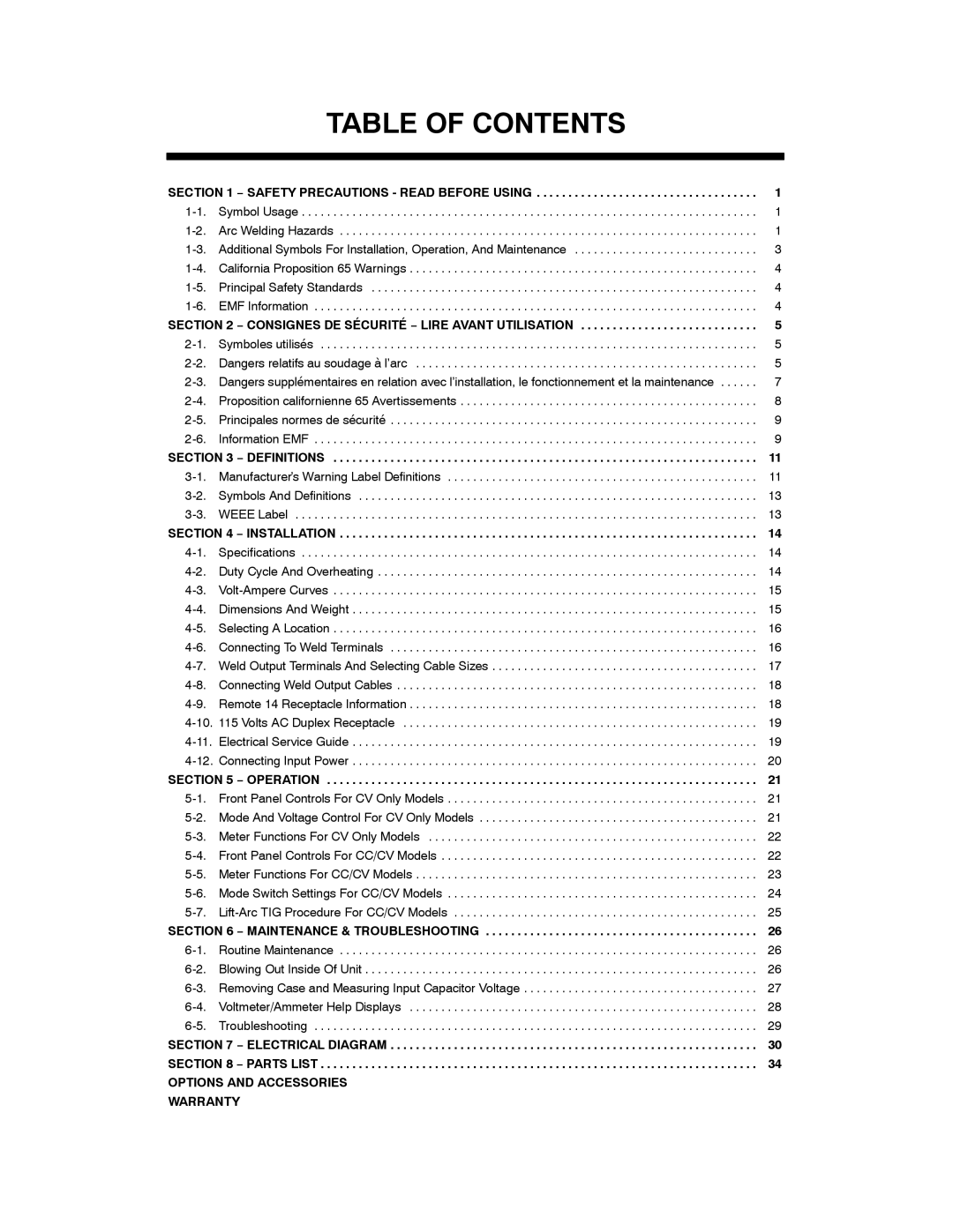 Miller Electric 456 CC manual Table of Contents 