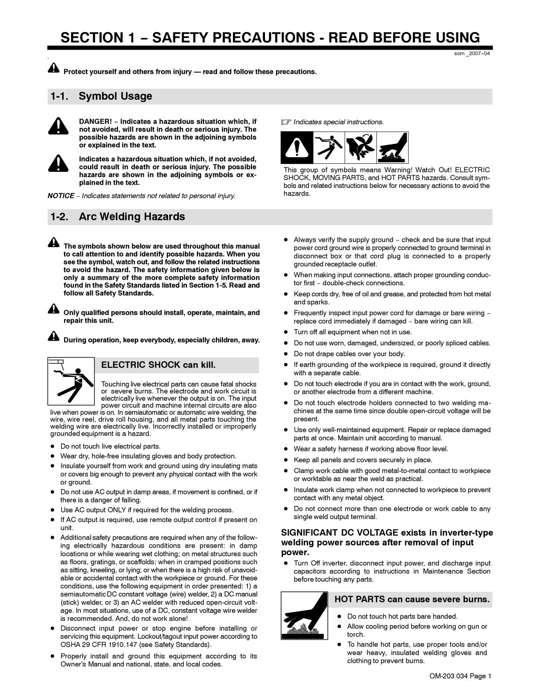 Miller Electric 456 CC manual Symbol Usage, Arc Welding Hazards, Electric Shock can kill, HOT Parts can cause severe burns 