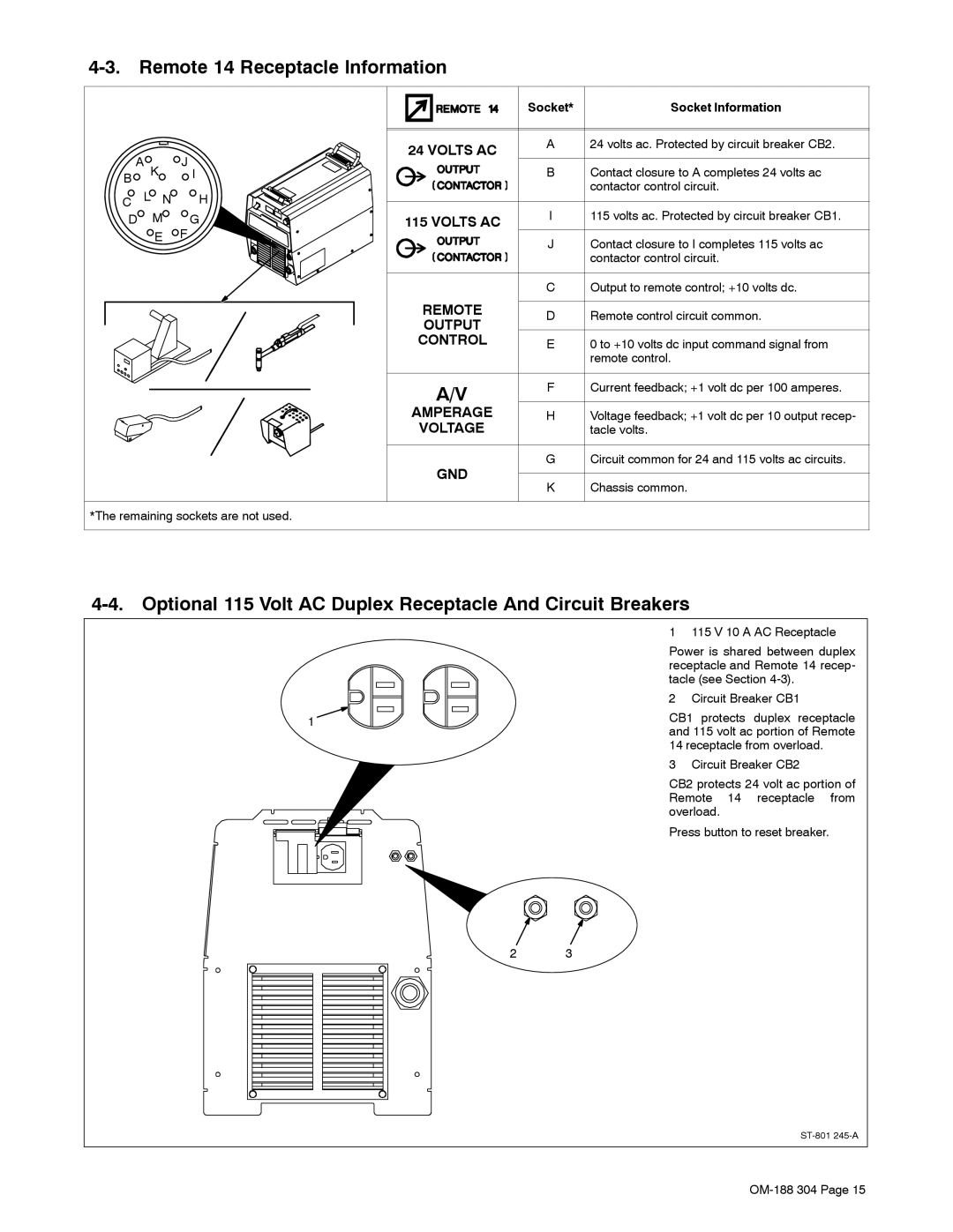 Miller Electric 460Volt Remote 14 Receptacle Information, Optional 115 Volt AC Duplex Receptacle And Circuit Breakers 