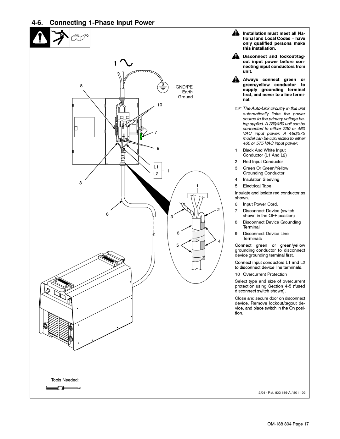 Miller Electric 575Volt, 460Volt, 230Volt manual Connecting 1-Phase Input Power, =GND/PE Earth Ground 