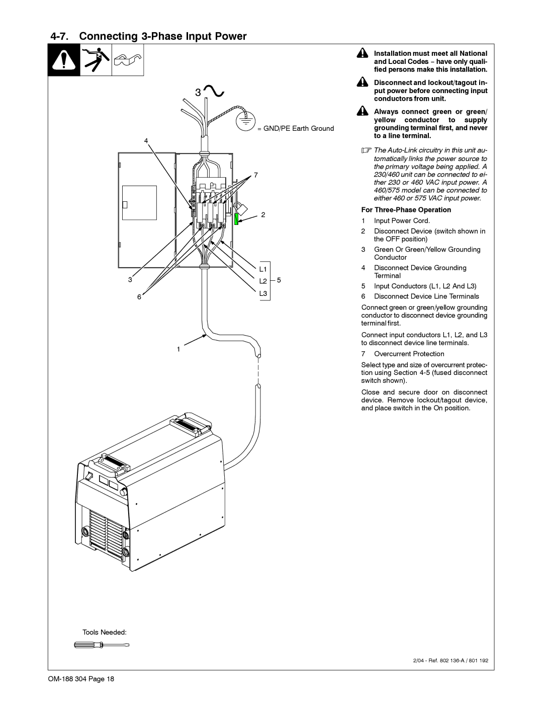 Miller Electric 460Volt, 575Volt, 230Volt Connecting 3-Phase Input Power, = GND/PE Earth Ground, For Three-Phase Operation 