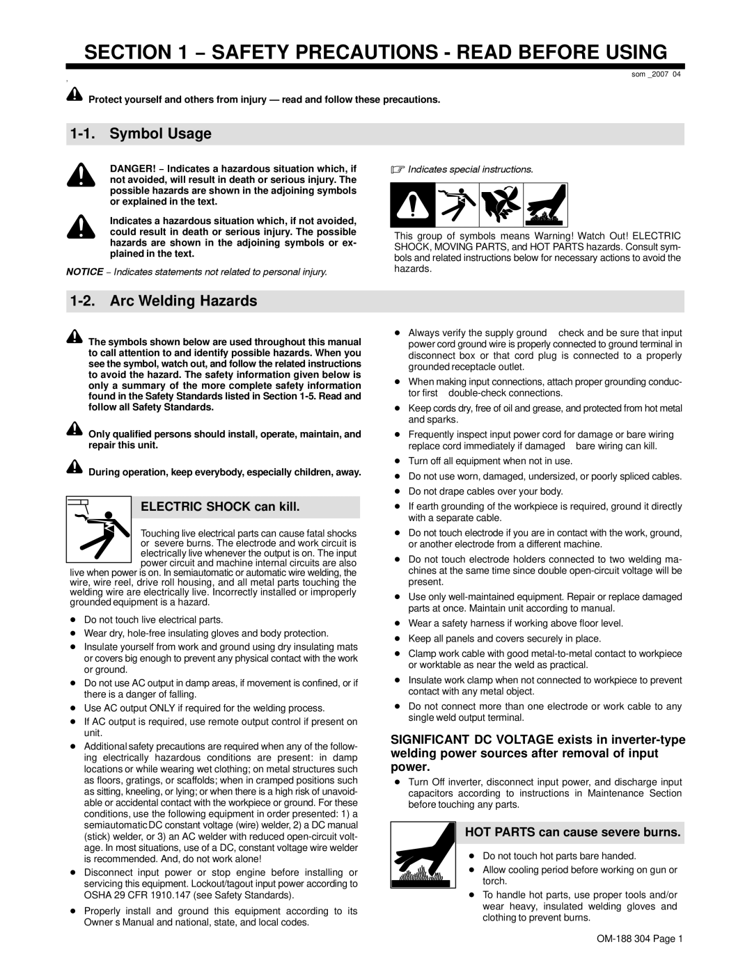 Miller Electric 230Volt manual Symbol Usage, Arc Welding Hazards, Electric Shock can kill, HOT Parts can cause severe burns 