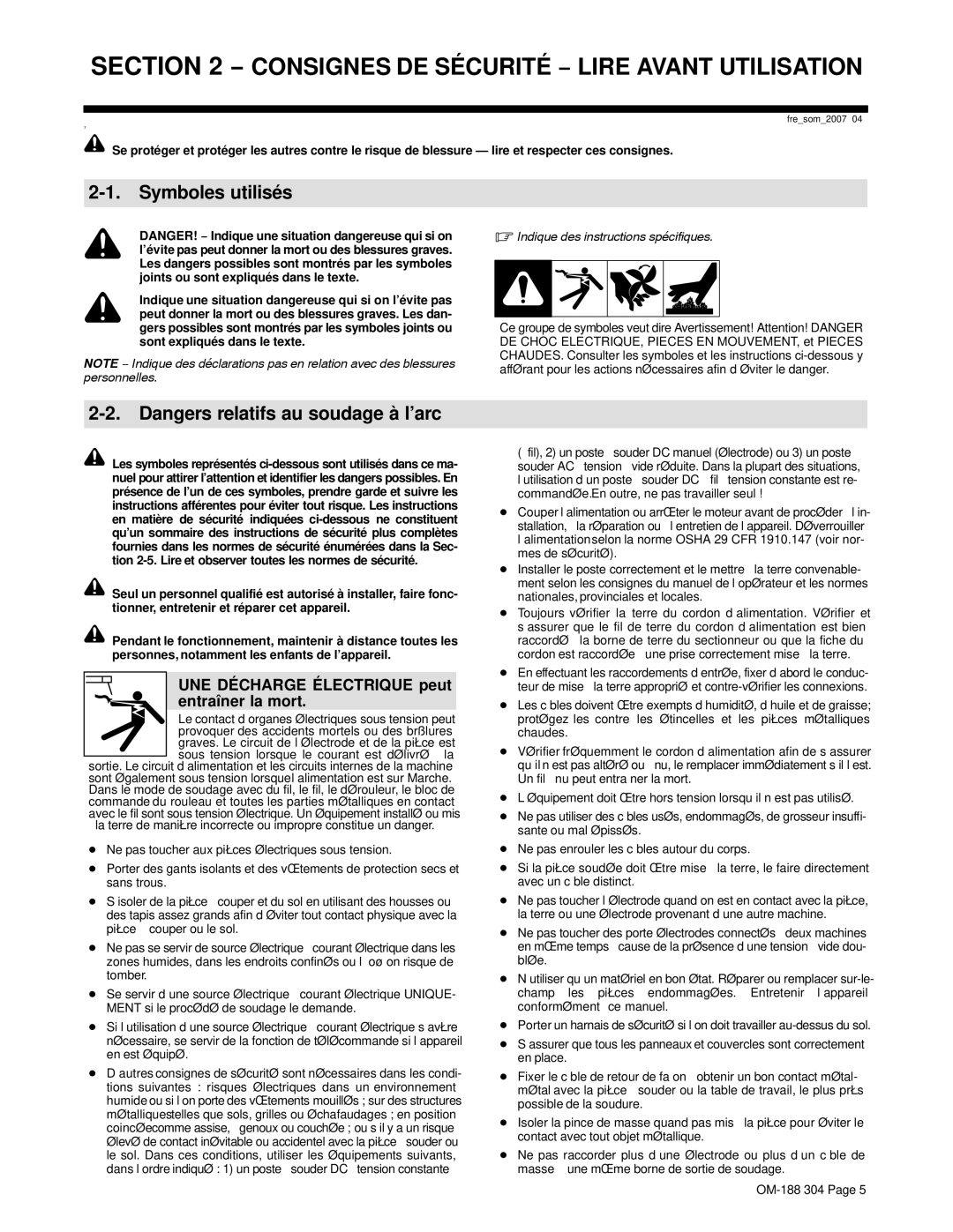 Miller Electric 575Volt, 460Volt, 230Volt manual Symboles utilisés, UNE Décharge Électrique peut entraîner la mort 