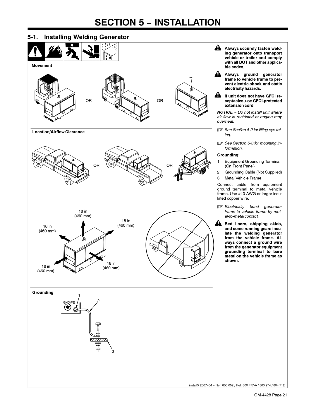 Miller Electric 500D, 600 X manual Installation, Installing Welding Generator, Location/Airflow Clearance, Grounding1 