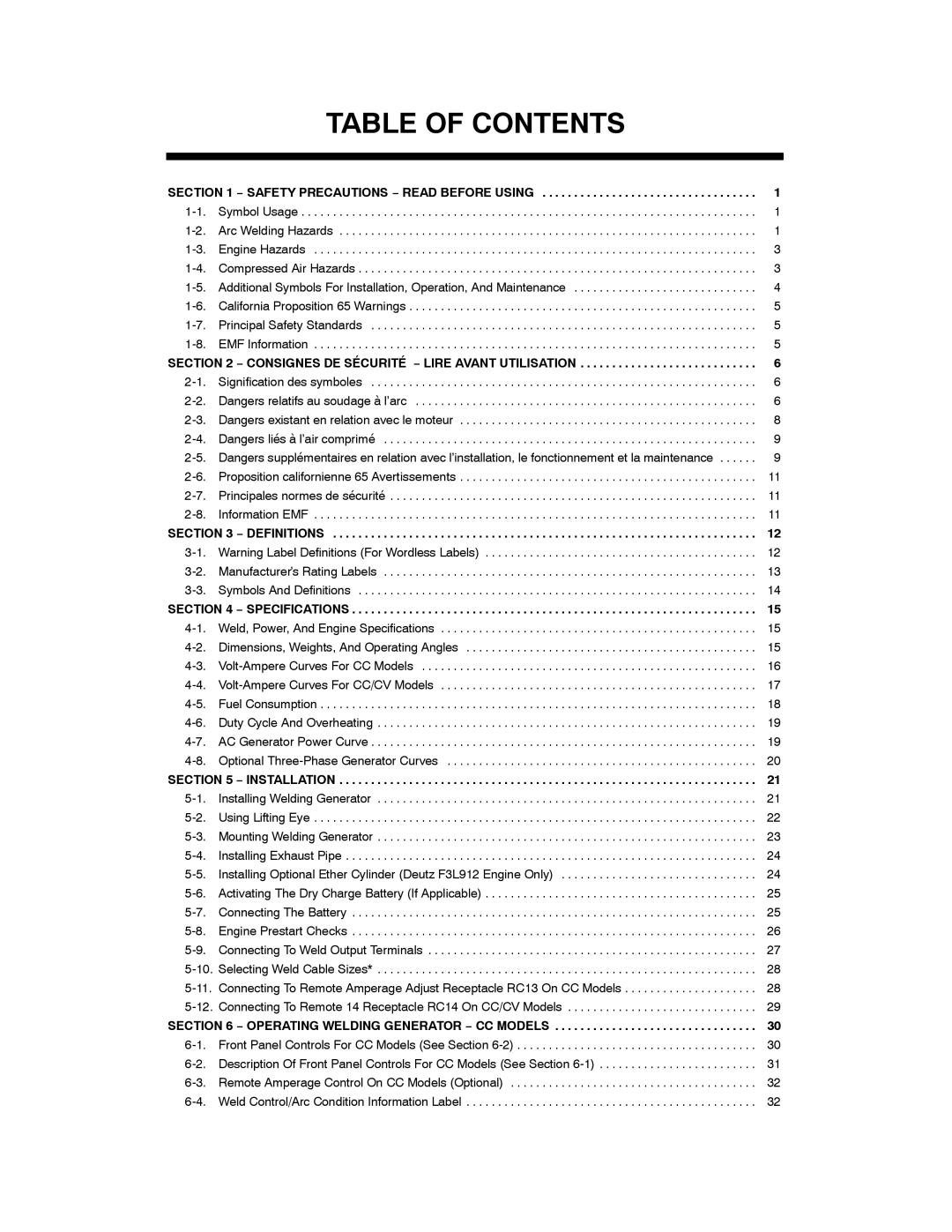 Miller Electric 500D, 600 X manual Table of Contents 