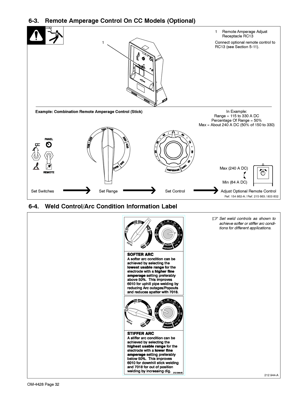 Miller Electric 600 X, 500D Remote Amperage Control On CC Models Optional, Weld Control/Arc Condition Information Label 