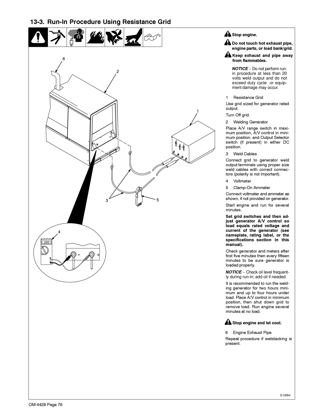 Miller Electric 600 X, 500D manual Run-In Procedure Using Resistance Grid, Just generator A/V control so, Manual 