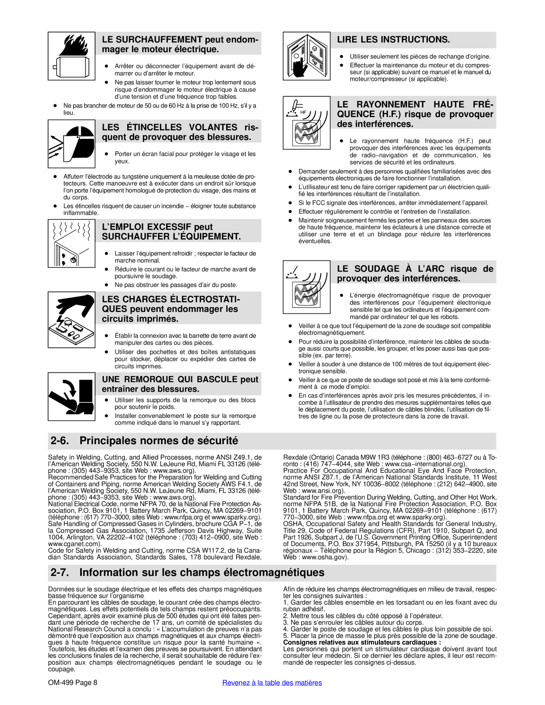 Miller Electric 6000 manual Principales normes de sécurité, Information sur les champs électromagnétiques 