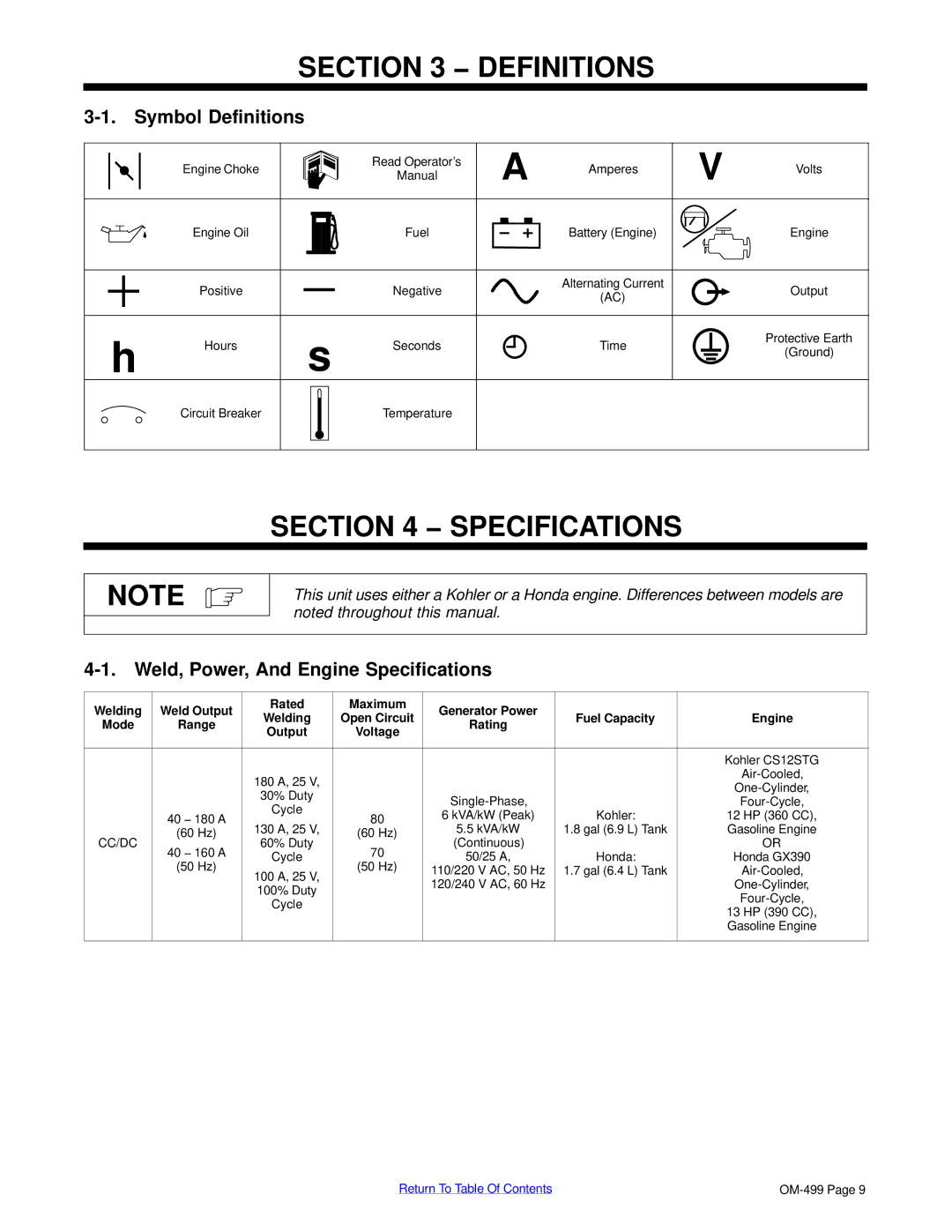 Miller Electric 6000 manual Symbol Definitions, Weld, Power, And Engine Specifications 