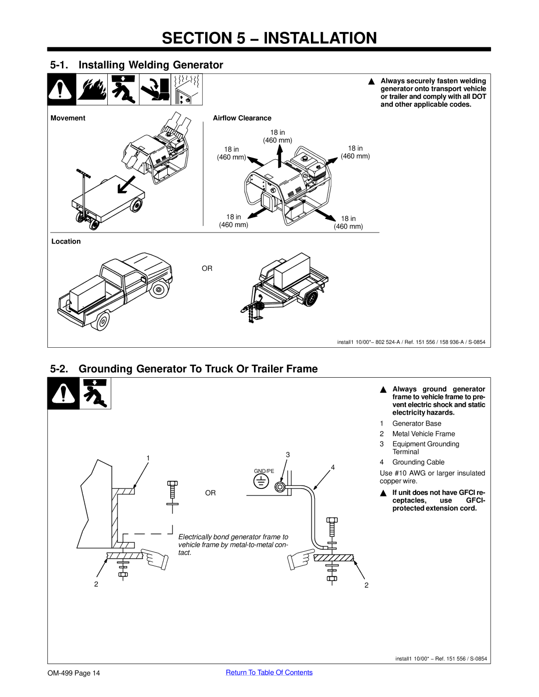 Miller Electric 6000 manual Installation, Installing Welding Generator, Grounding Generator To Truck Or Trailer Frame 