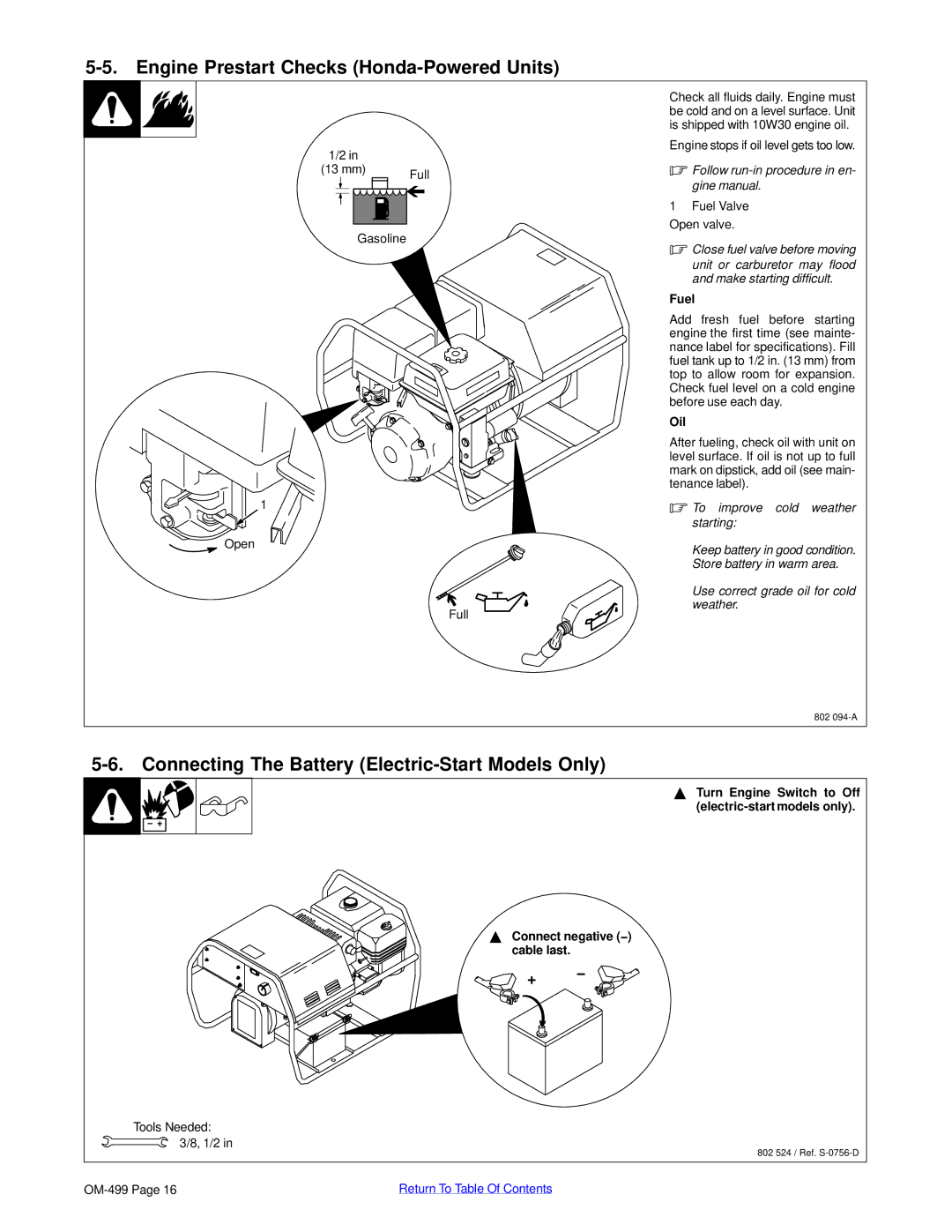 Miller Electric 6000 Engine Prestart Checks Honda-Powered Units, Connecting The Battery Electric-Start Models Only, + 