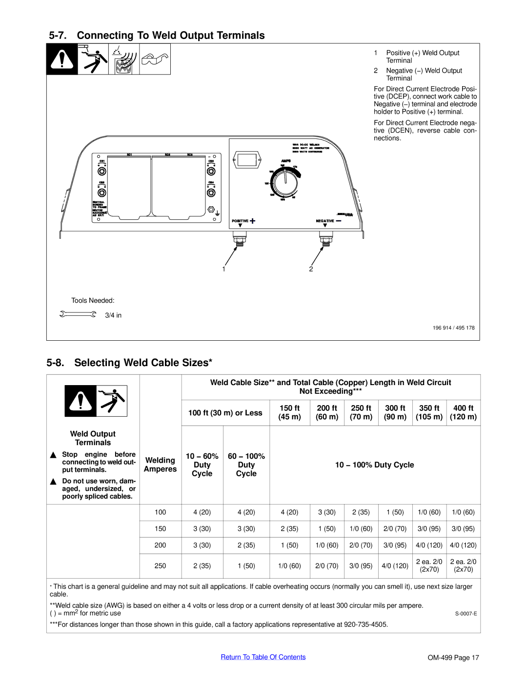 Miller Electric 6000 manual Connecting To Weld Output Terminals, Selecting Weld Cable Sizes 